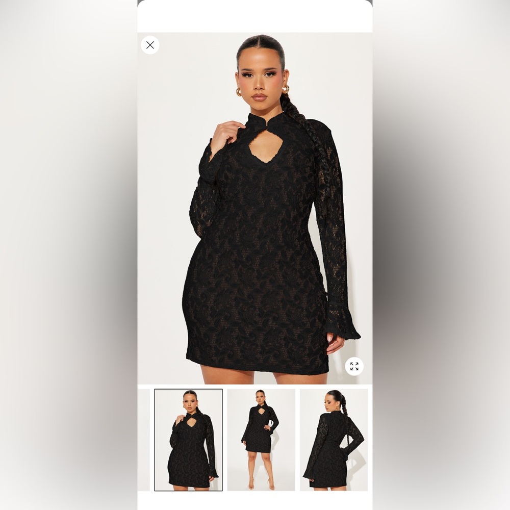 Black Lace Long-Sleeve Keyhole Mini Dress- FashionNova